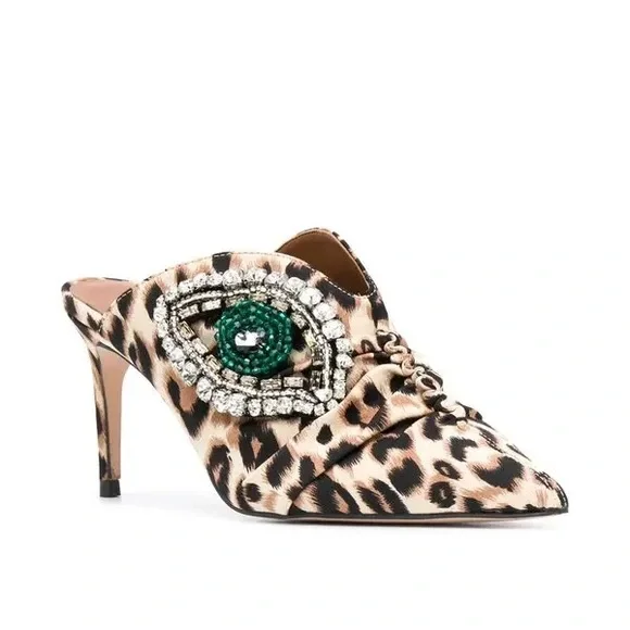 Kurt Geiger Bella Leopard Mules with Green Jewel Eye - Picture 2 of 5